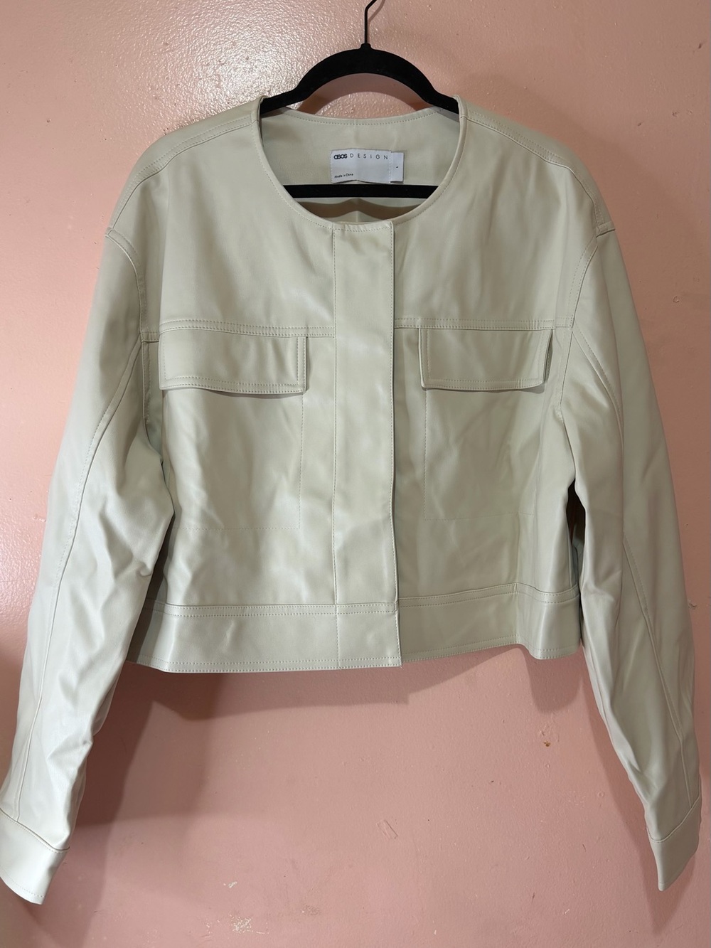 ASOS DESIGN Cream Faux Leather Collarless Cropped Jacket L